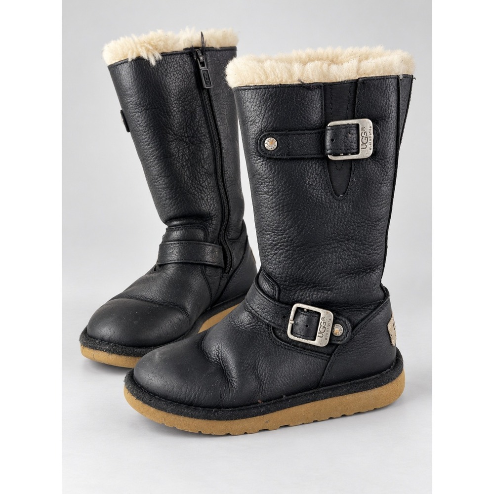 UGG Ellee Moto Boots Kids Size 12 Black Leather Buckle Sheepskin Lined Winter